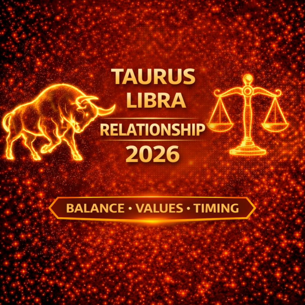 Taurus Libra relationship 2026 cover image with balance values timing badge