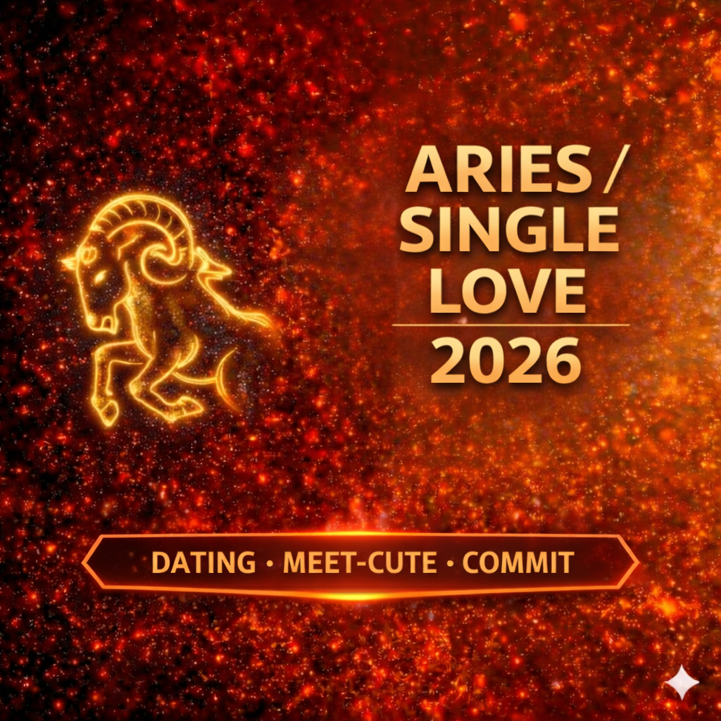 aries love life 2026 for singles cover image with dating meet-cute commit badge