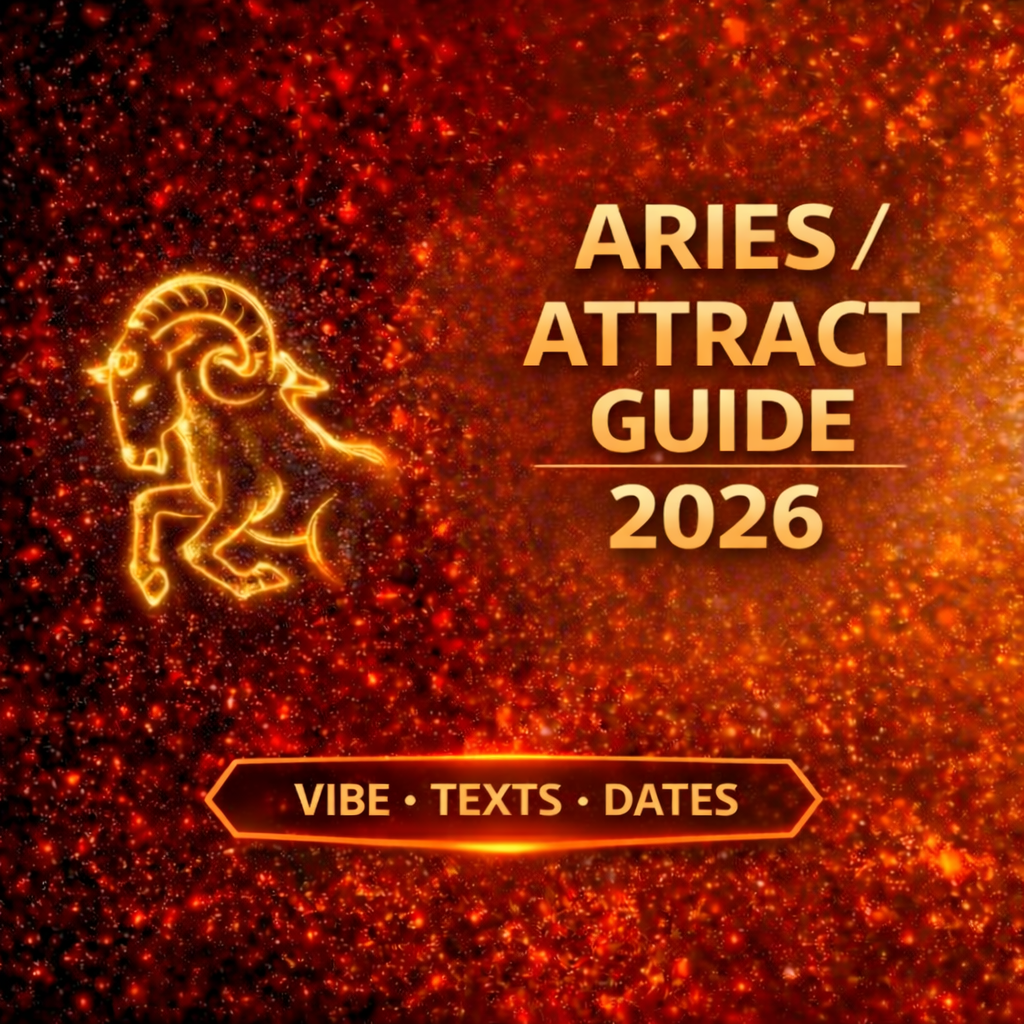 how to attract an Aries 2026 cover image with vibe texts dates badge