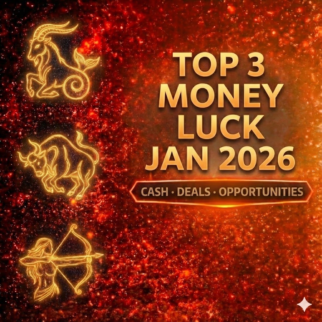 top 3 luckiest zodiac signs for money January 2026 cover image with money luck badge