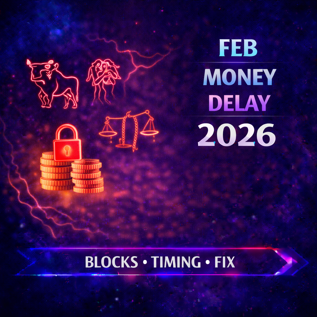 zodiac signs facing money delays february 2026 cover image with blocks timing fix badge
