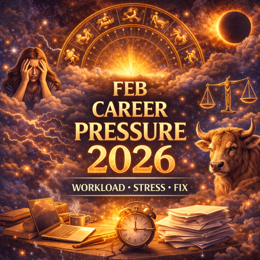 zodiac signs facing work pressure february 2026 cover image with workload stress fix badge