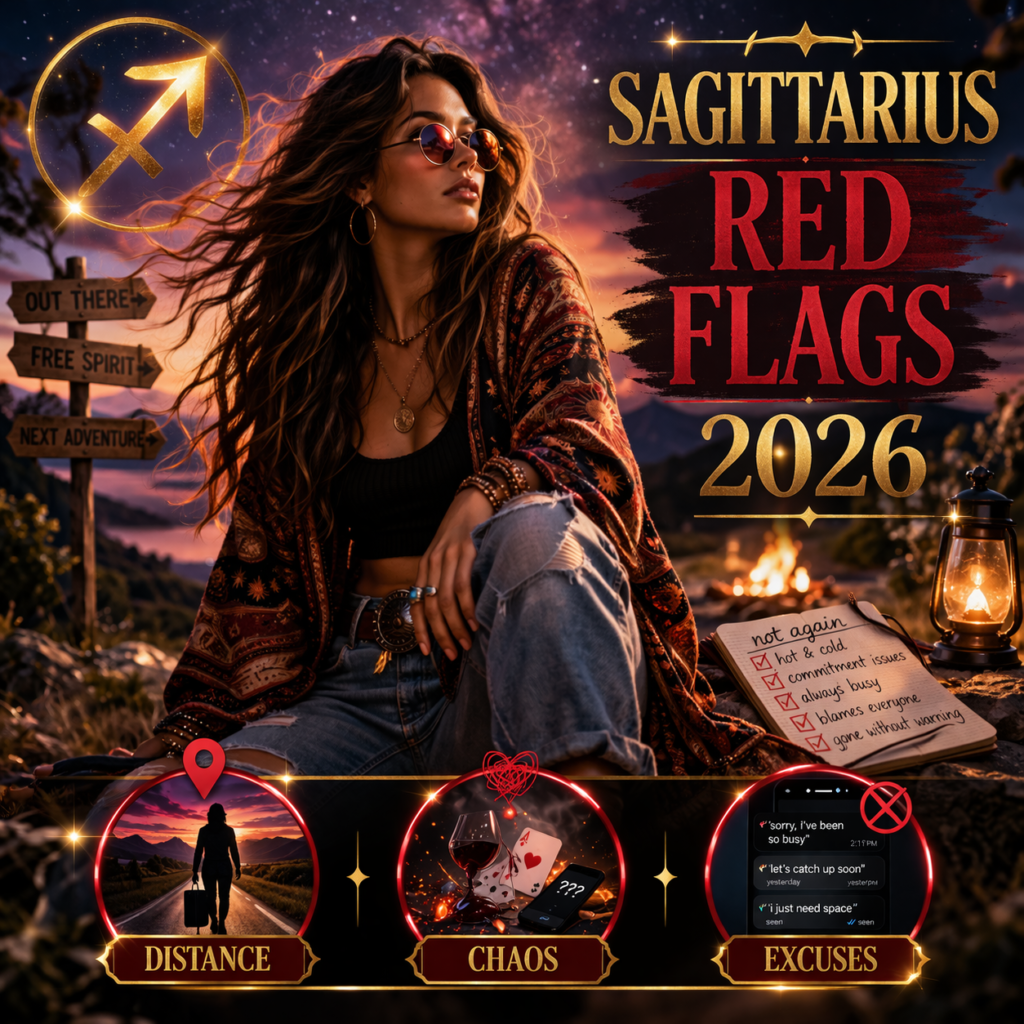 sagittarius relationship red flags in 2026 cover image with distance chaos excuses badge