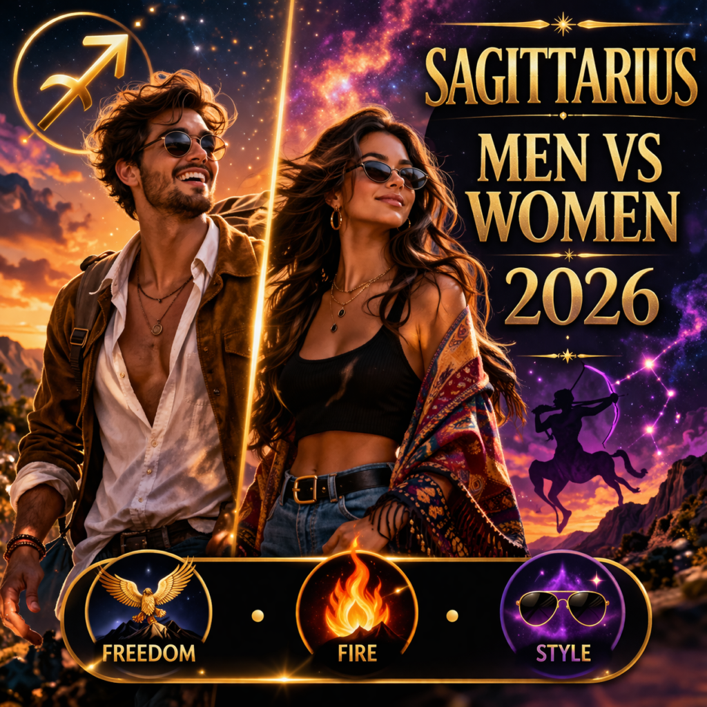 difference between sagittarius men and women in 2026 cover image with freedom fire style badge