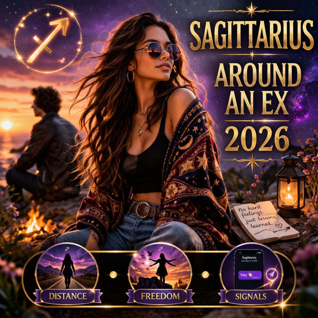 How Sagittarius Acts Around an Ex in 2026: Distant, Friendly, or Secretly Still Attached? | AstroAndCharm how sagittarius acts around an ex in 2026 cover image with distance freedom signals badge