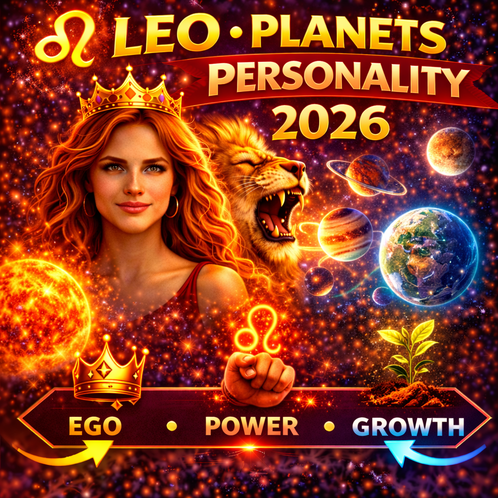 how planets affect leo personality in 2026 cover image with ego power growth badge
