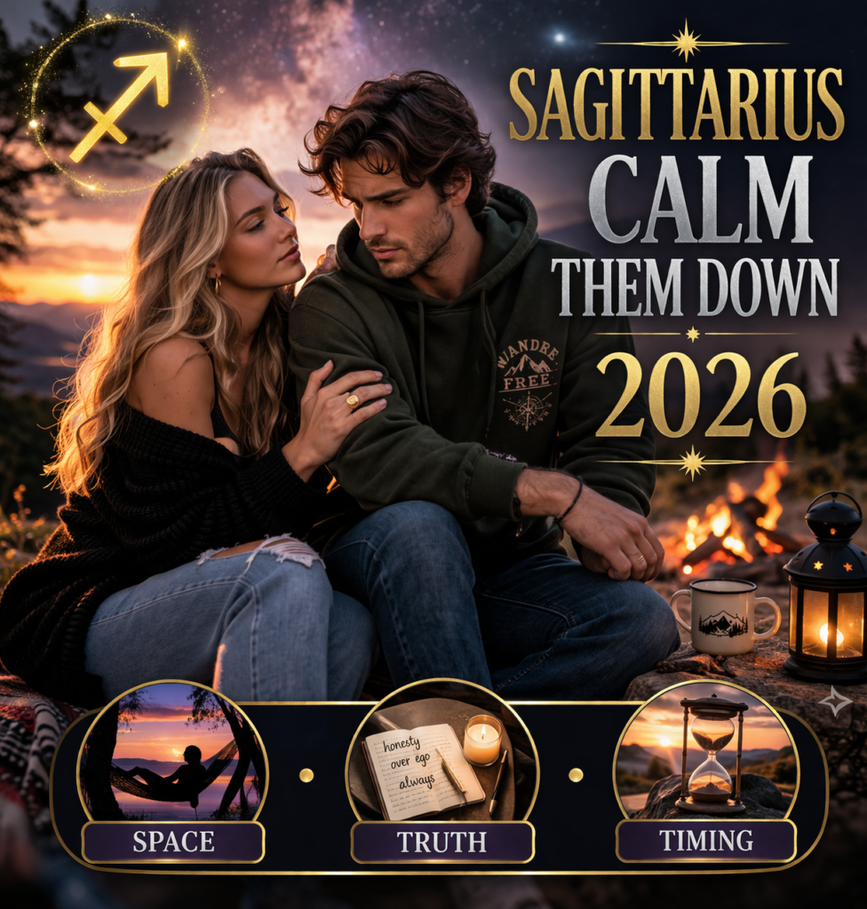 how to calm down a sagittarius when they are upset in 2026 cover image with space truth timing badge