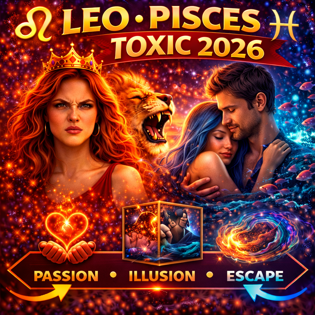 leo and pisces toxic relationship in 2026 cover image with passion illusion escape badge