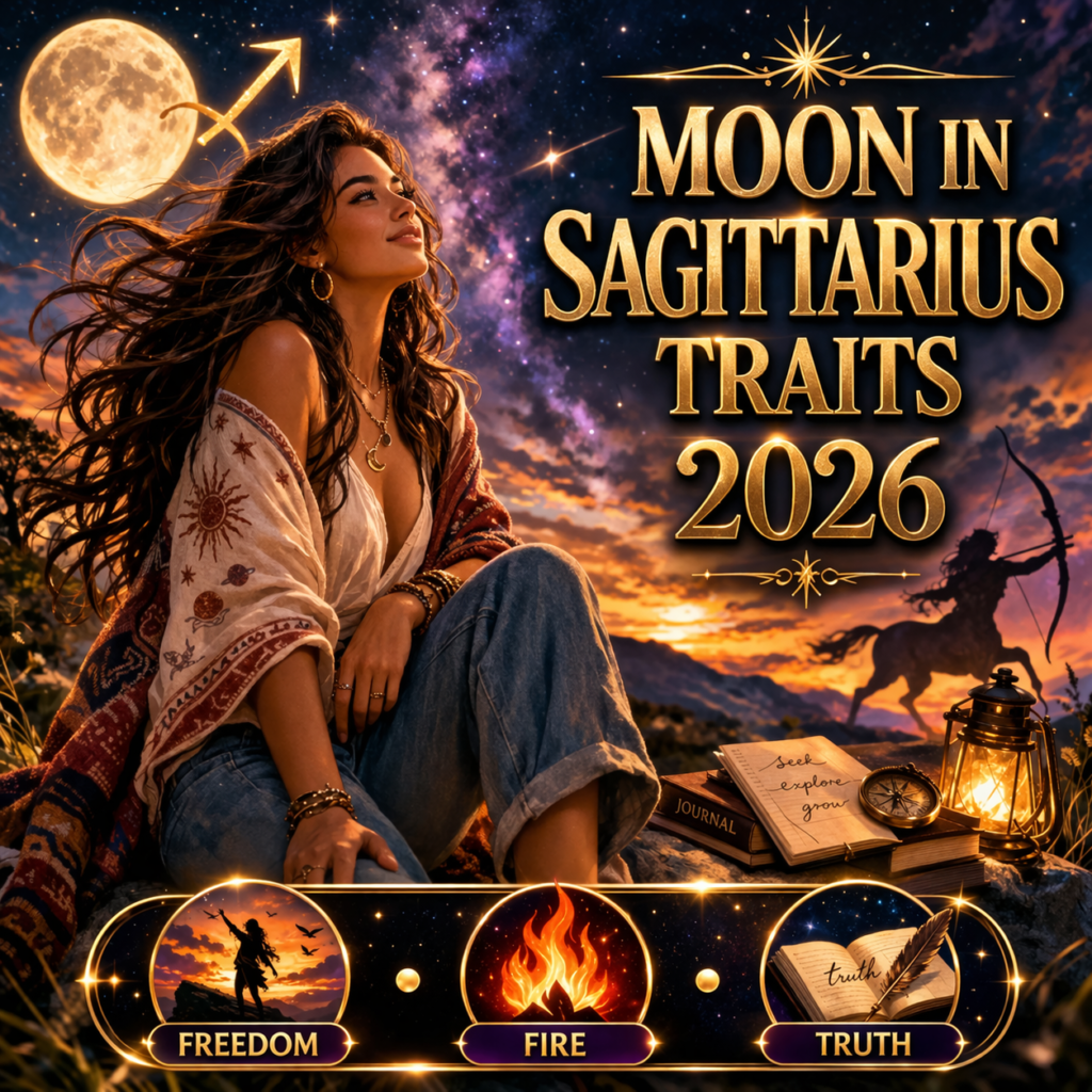 moon in sagittarius personality traits in 2026 cover image with freedom fire truth badge