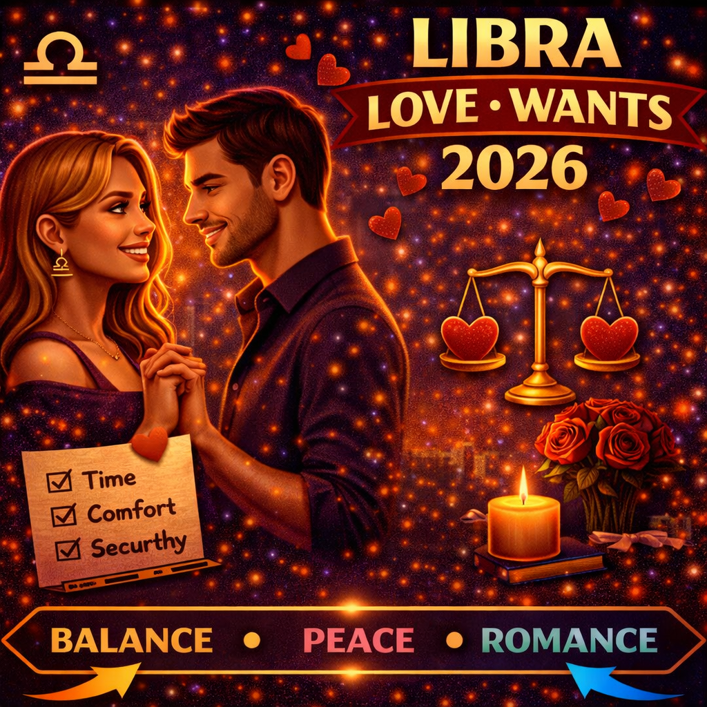 what libra wants in love in 2026 cover image with balance peace romance badge