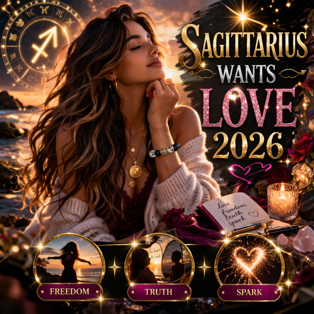 what sagittarius wants in love in 2026 cover image with freedom truth spark badge