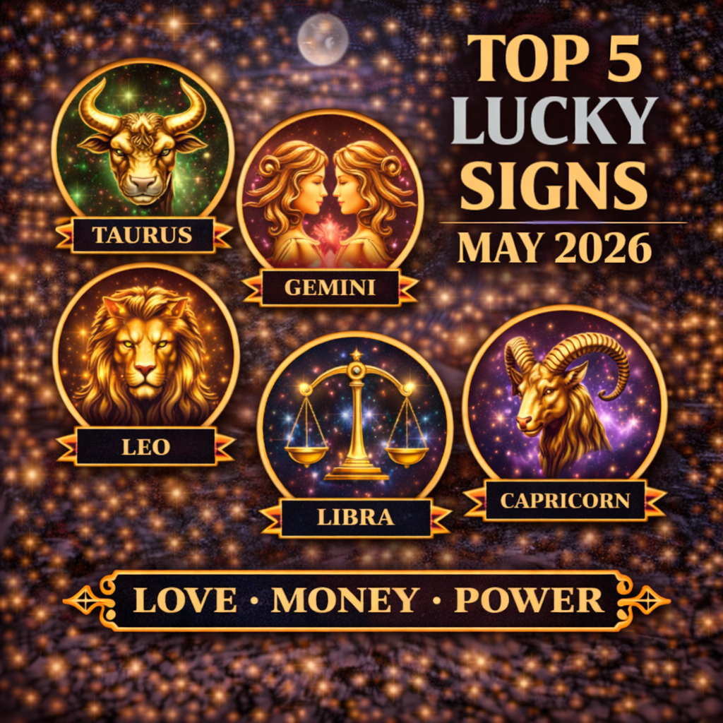 alt may 2026 lucky zodiac signs cover image with love money power badge