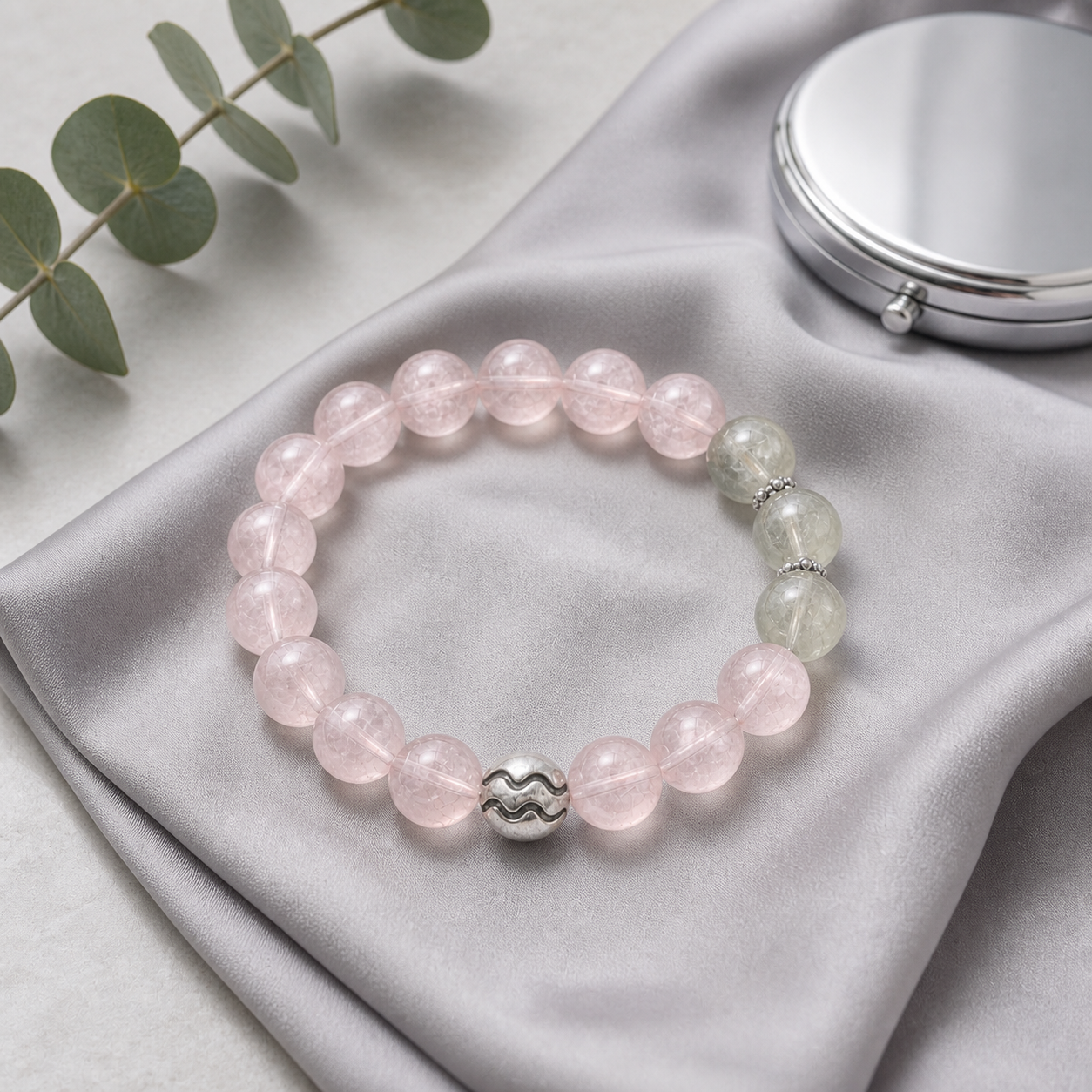 Aquarius Crystal Bracelet with 12mm Prehnite and Rose Quartz beads