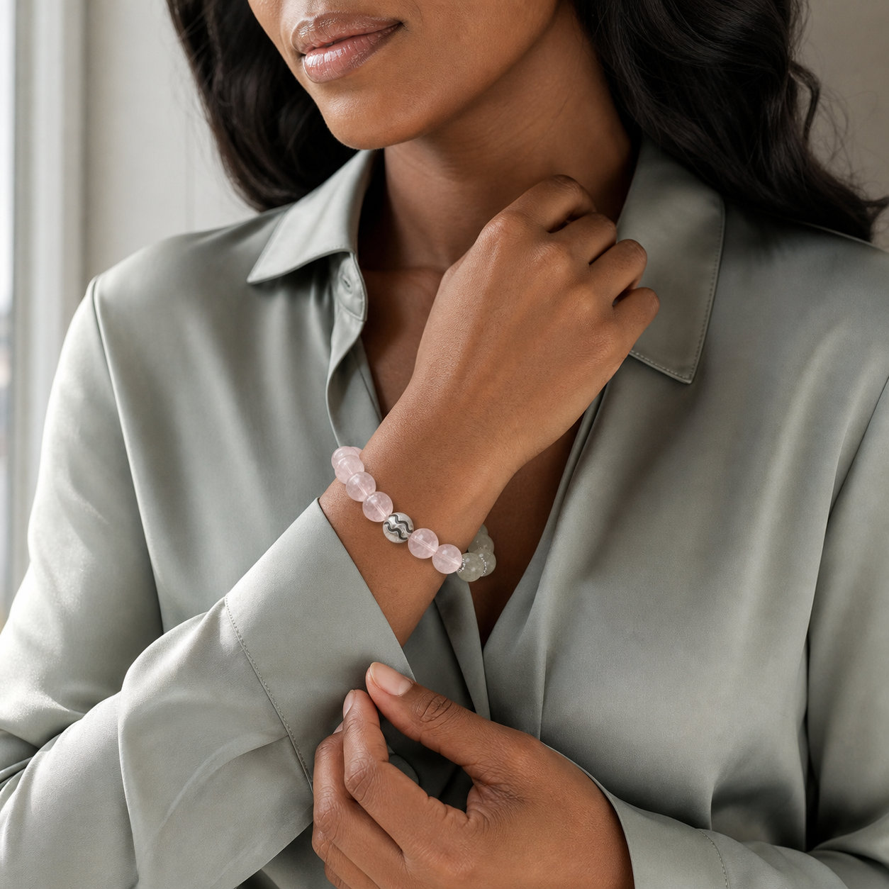 Woman wearing an Aquarius Crystal Bracelet with Prehnite and Rose Quartz beads