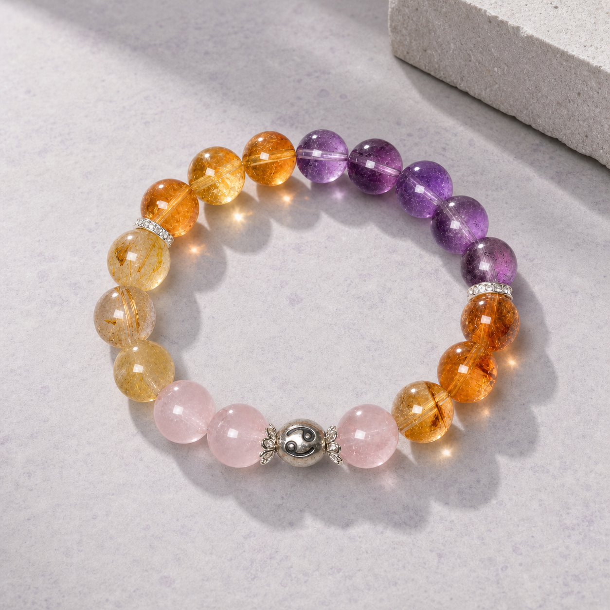 Cancer Crystal Bracelet with 12mm Yellow Phantom Quartz, Amethyst, Golden Rutilated Quartz and Rose Quartz beads