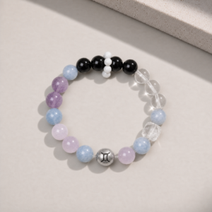 Gemini Crystal Bracelet with 12mm Silver Obsidian, Clear Quartz, Aquamarine, Kunzite and Amethyst beads