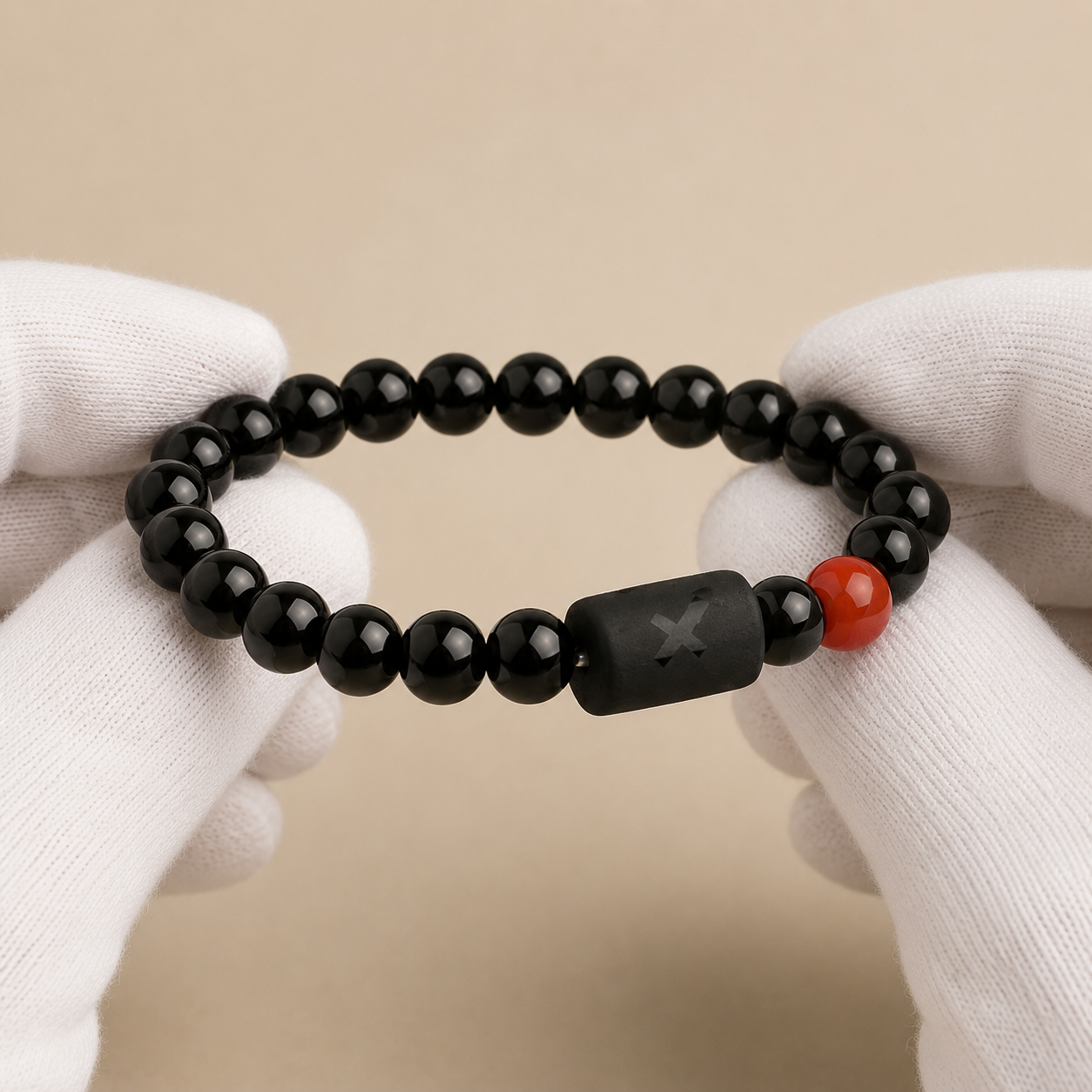 Sagittarius zodiac bracelet being inspected for bead alignment and finish details