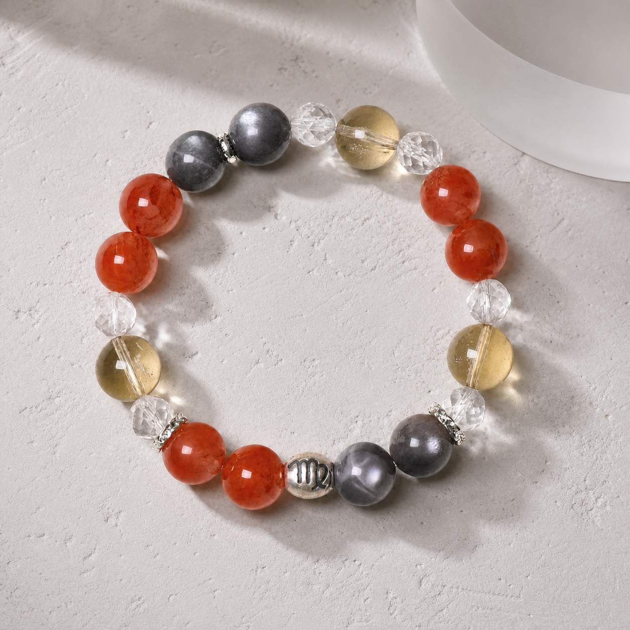 Virgo Crystal Bracelet with 12mm Citrine, Nanhong Agate, Golden Skeletal Sunstone and Clear Quartz beads