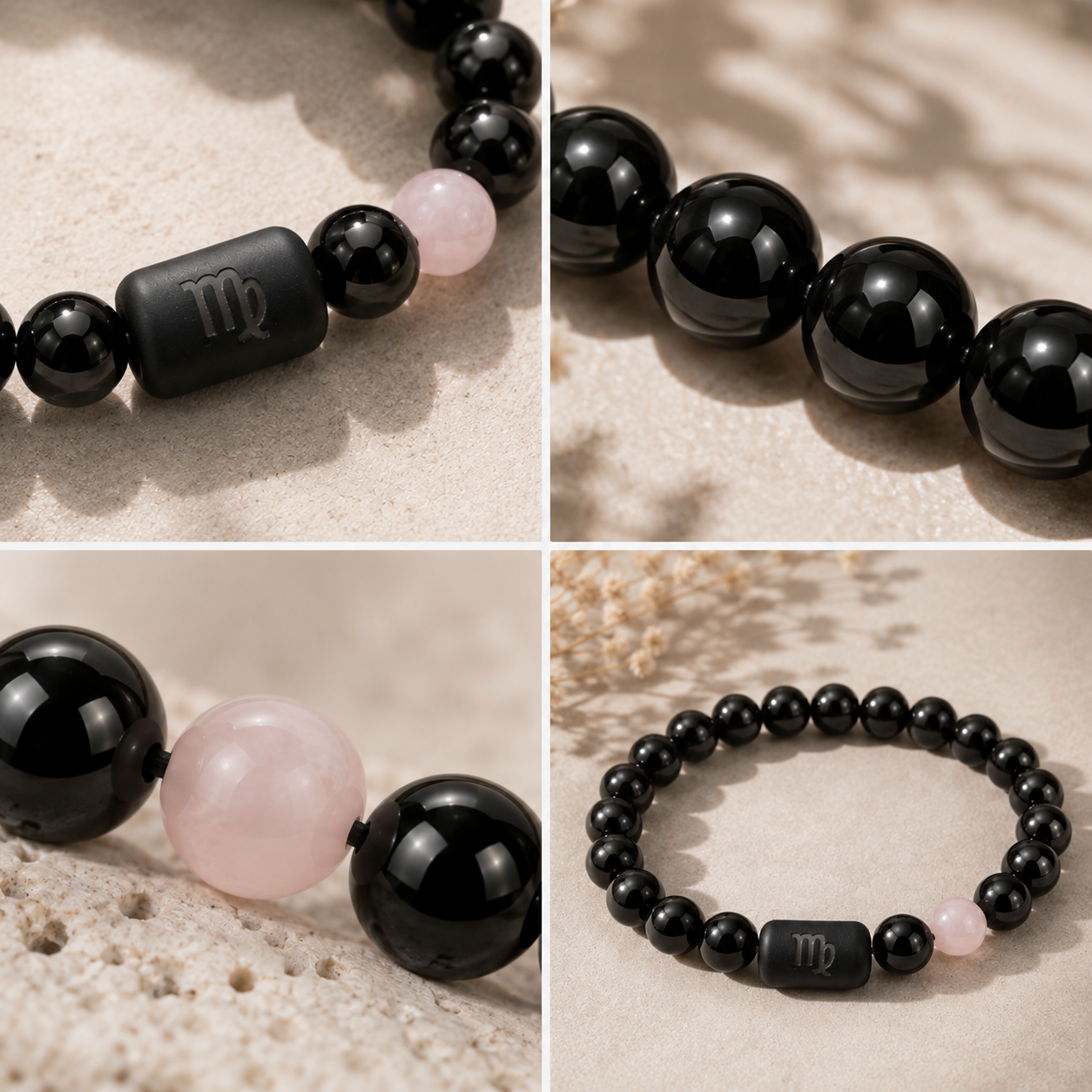 Close-up of the Virgo zodiac symbol with obsidian and Tiger’s Eye beads