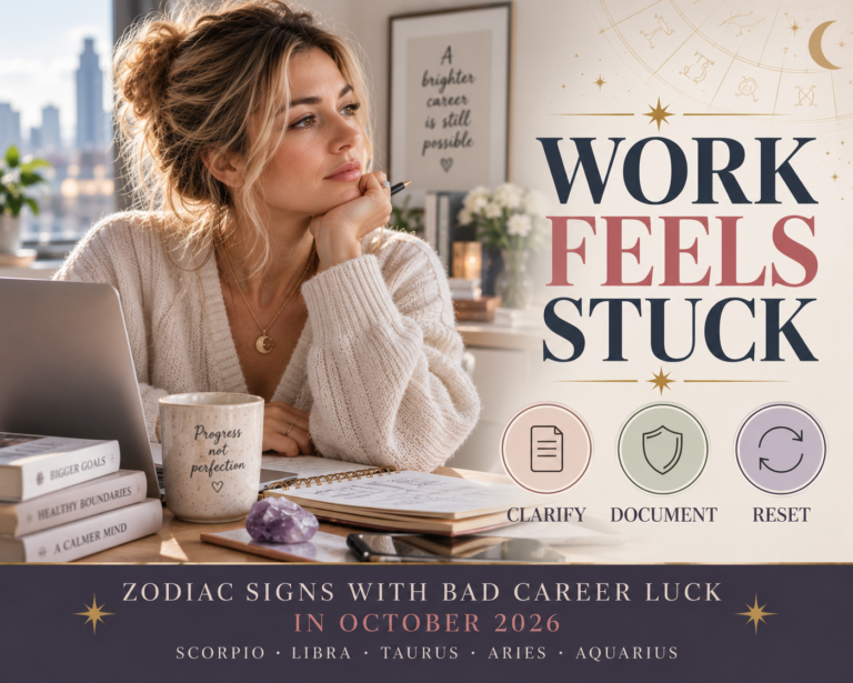 Zodiac Signs With Bad Career Luck in October 2026 cover image about Scorpio Libra Taurus Aries and Aquarius resetting work pressure with clarify document reset badge