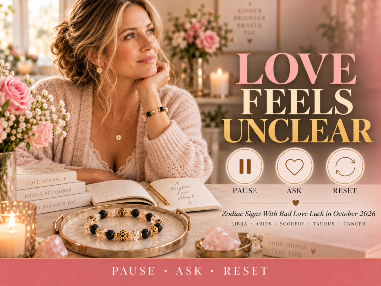 Zodiac Signs With Bad Love Luck in October 2026 cover image about Libra Aries Scorpio Taurus and Cancer resetting relationship uncertainty with pause ask reset badge