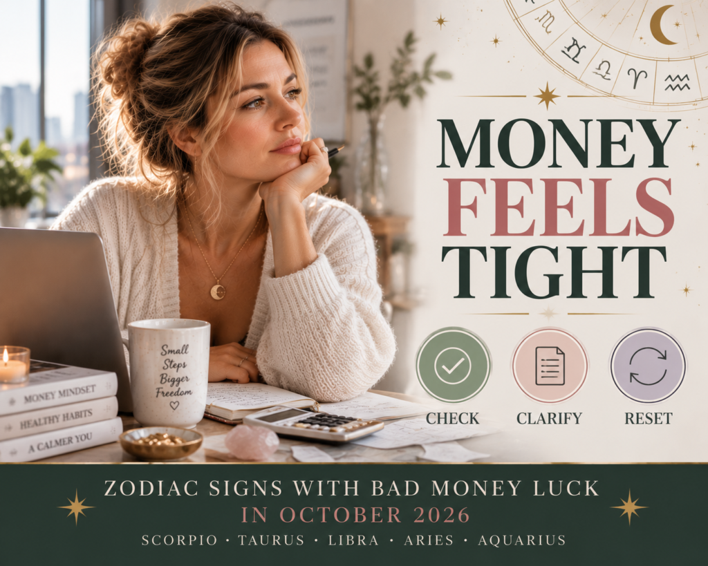 Zodiac Signs With Bad Money Luck in October 2026 cover image about Scorpio Taurus Libra Aries and Aquarius reviewing spending pressure with check clarify reset badge