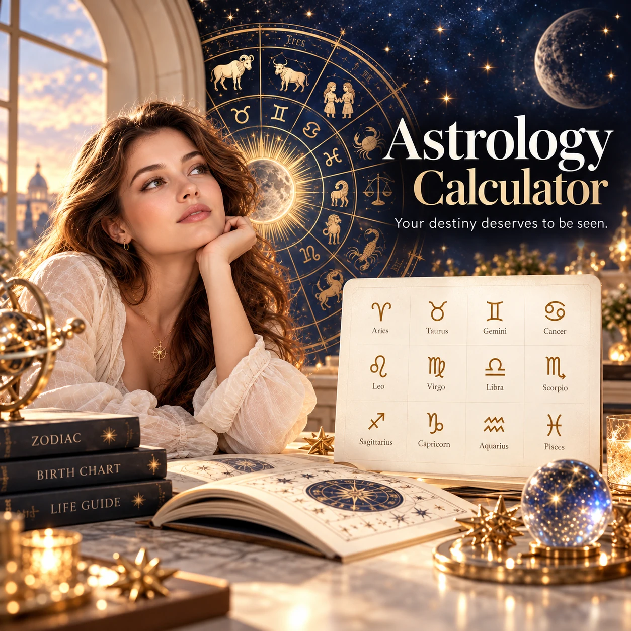 Astrology Calculator with zodiac wheel and birth chart imagery