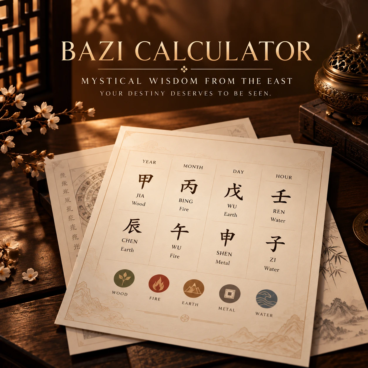 Bazi Calculator with Four Pillars chart and Five Elements